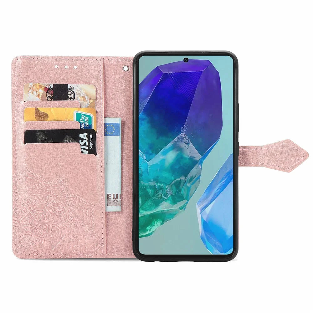 For Samsung Galaxy A16 5G / A16 4G Case Mandala Embossed Design Leather Wallet Phone Cover - Rose Gold - 2