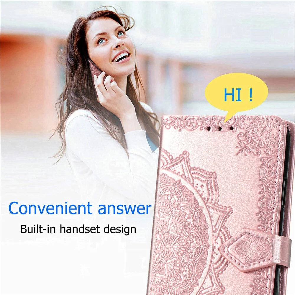 For Samsung Galaxy A16 5G / A16 4G Case Mandala Embossed Design Leather Wallet Phone Cover - Rose Gold - 5