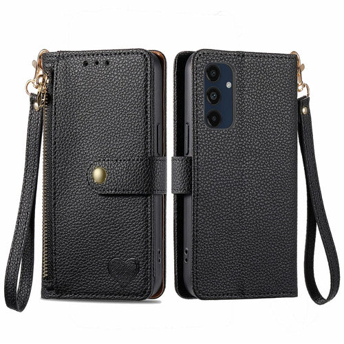 For Samsung Galaxy A16 5G / A16 4G Case RFID Blocking Zipper Pocket Leather Wallet Phone Cover with Strap - Black - 1
