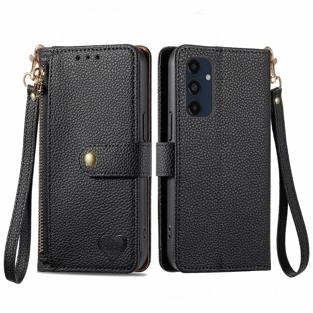 For Samsung Galaxy A16 5G / A16 4G Case RFID Blocking Zipper Pocket Leather Wallet Phone Cover with Strap - Black - 1