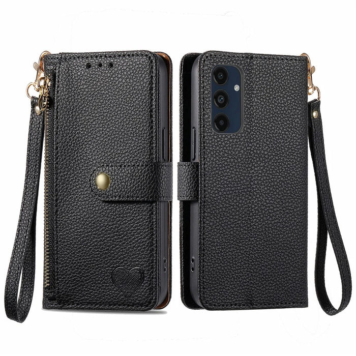 For Samsung Galaxy A16 5G / A16 4G Case RFID Blocking Zipper Pocket Leather Wallet Phone Cover with Strap - Black - 1