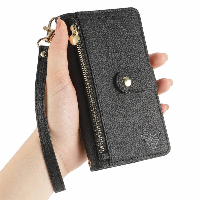 For Samsung Galaxy A16 5G / A16 4G Case RFID Blocking Zipper Pocket Leather Wallet Phone Cover with Strap - Black - 5