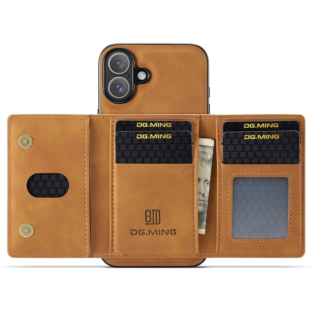 DG.MING M2 Series for iPhone 16 Case PU+PC+TPU Phone Cover Detachable Wallet - Brown - 3