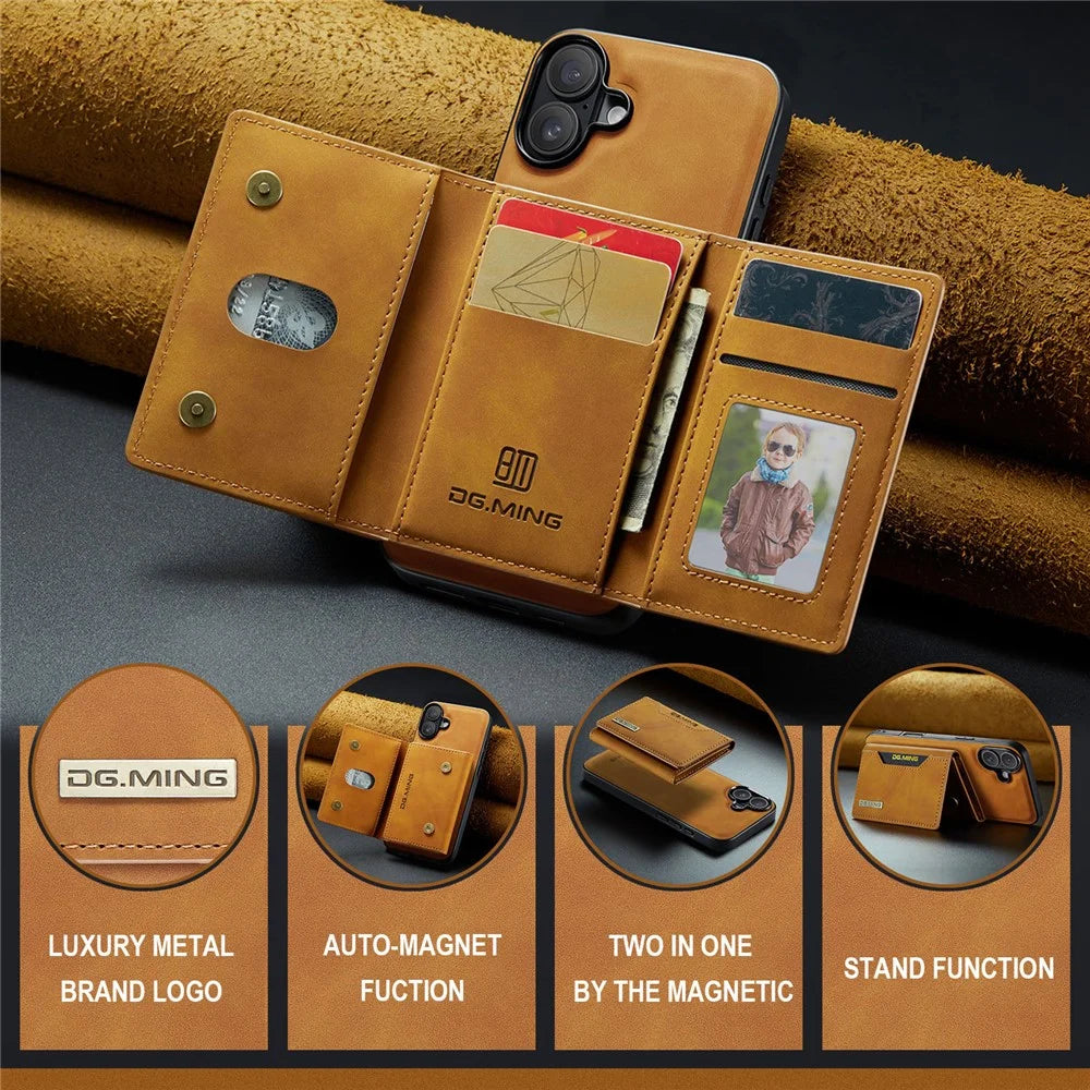 DG.MING M2 Series for iPhone 16 Case PU+PC+TPU Phone Cover Detachable Wallet - Brown - 4