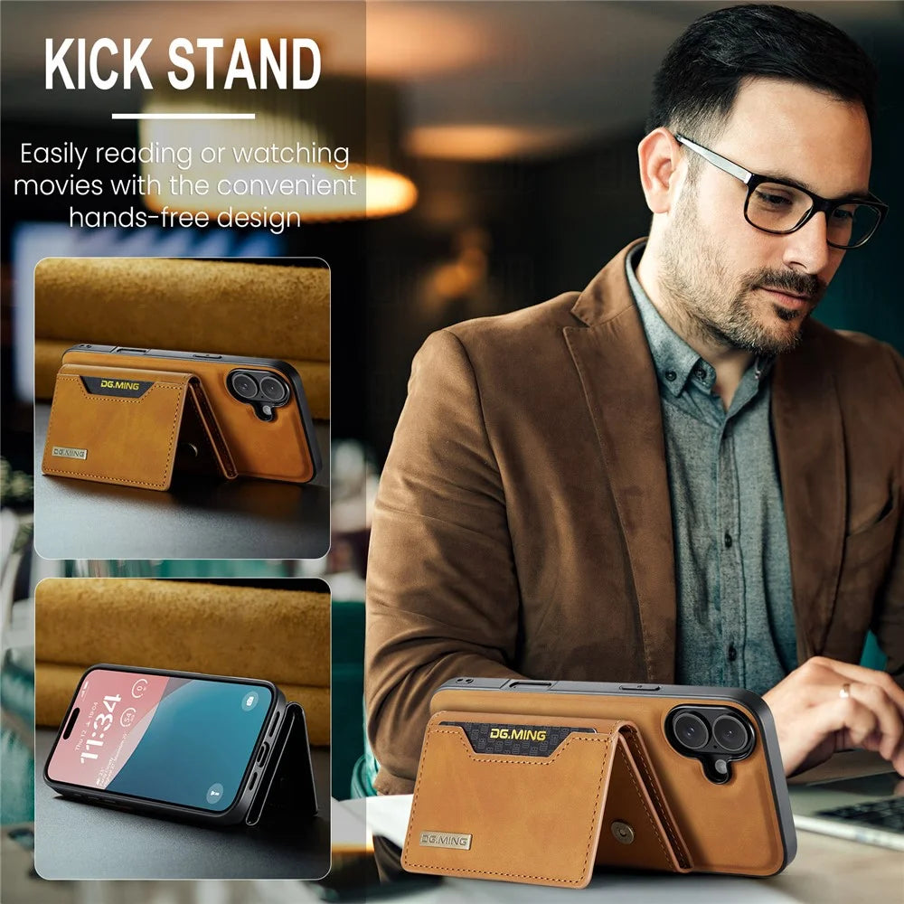 DG.MING M2 Series for iPhone 16 Case PU+PC+TPU Phone Cover Detachable Wallet - Brown - 6