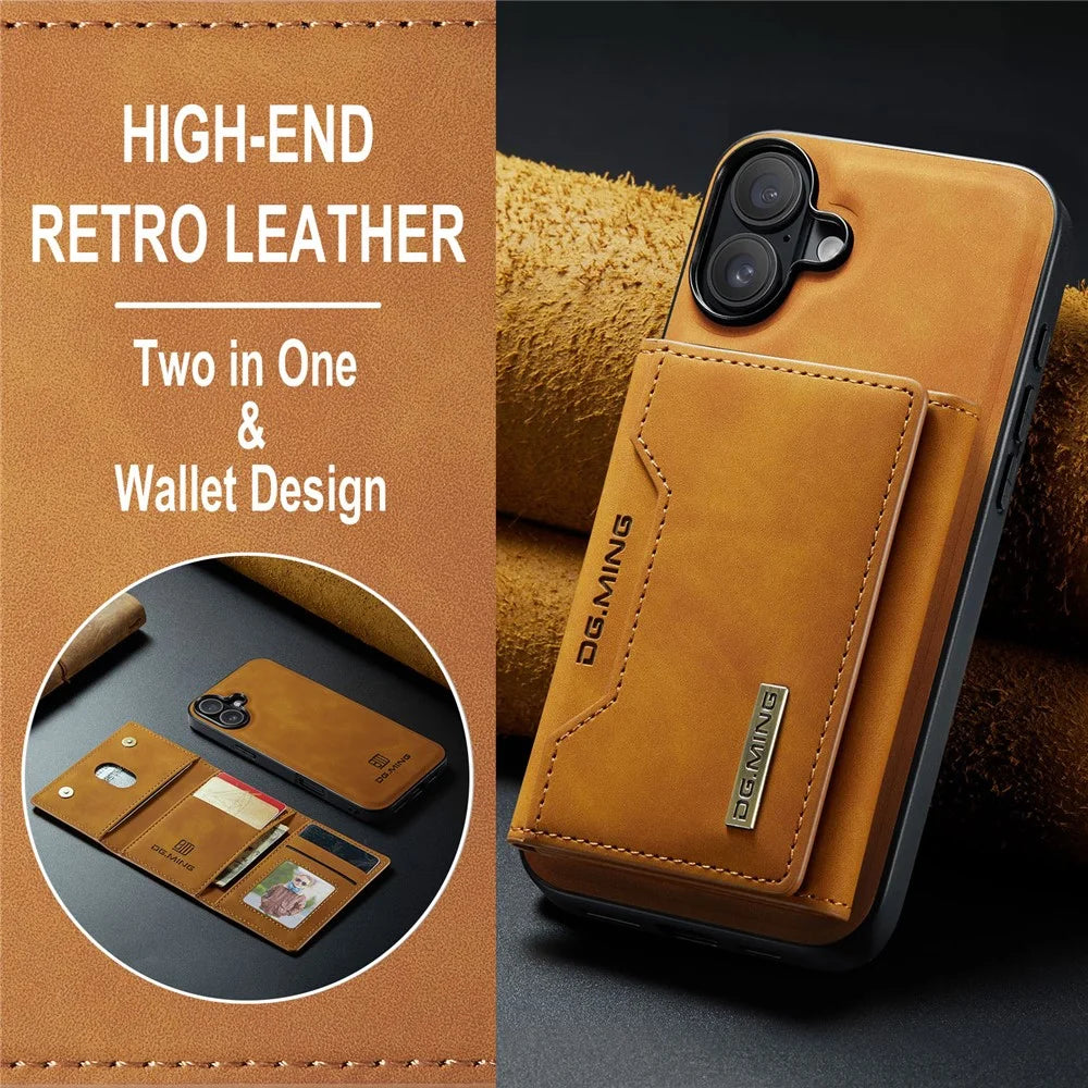 DG.MING M2 Series for iPhone 16 Case PU+PC+TPU Phone Cover Detachable Wallet - Brown - 7