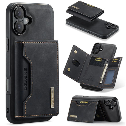 DG.MING M2 Series for iPhone 16 Plus Case PU+PC+TPU Phone Cover Detachable Wallet - Black - 1