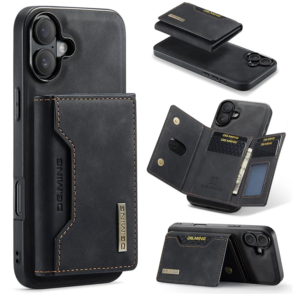 DG.MING M2 Series for iPhone 16 Plus Case PU+PC+TPU Phone Cover Detachable Wallet - Black - 1