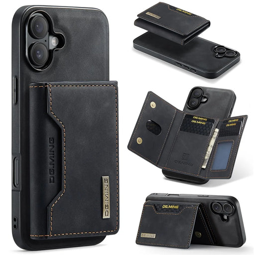 DG.MING M2 Series for iPhone 16 Plus Case PU+PC+TPU Phone Cover Detachable Wallet - Black - 1