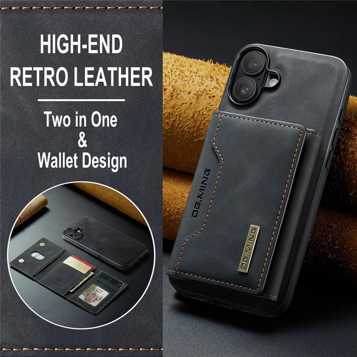 DG.MING M2 Series for iPhone 16 Plus Case PU+PC+TPU Phone Cover Detachable Wallet - Black - 7