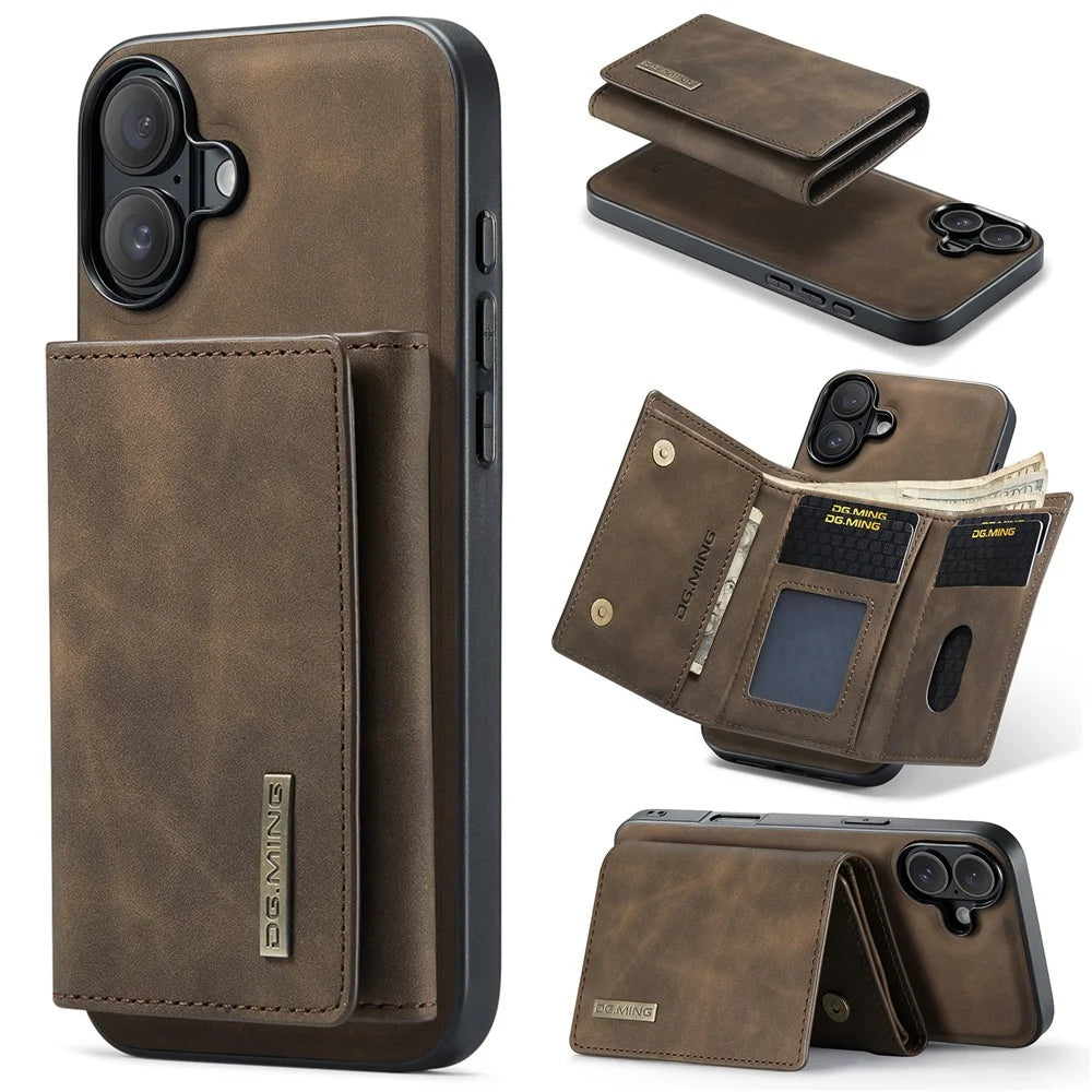 DG.MING M1 Series for iPhone 16 Case Kickstand PU Phone Cover with Detachable Wallet - Coffee - 1