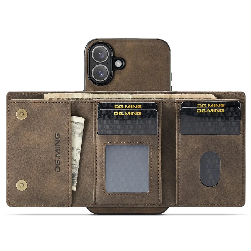 DG.MING M1 Series for iPhone 16 Case Kickstand PU Phone Cover with Detachable Wallet - Coffee - 3