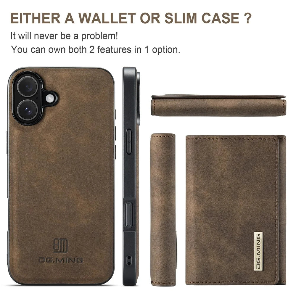 DG.MING M1 Series for iPhone 16 Case Kickstand PU Phone Cover with Detachable Wallet - Coffee - 5