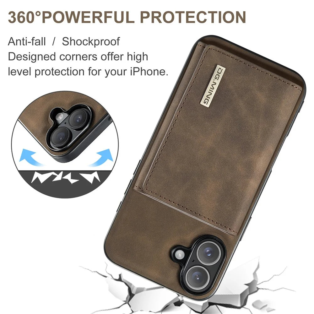 DG.MING M1 Series for iPhone 16 Case Kickstand PU Phone Cover with Detachable Wallet - Coffee - 6
