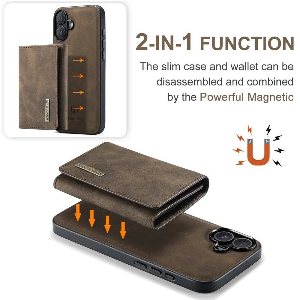 DG.MING M1 Series for iPhone 16 Case Kickstand PU Phone Cover with Detachable Wallet - Coffee - 7