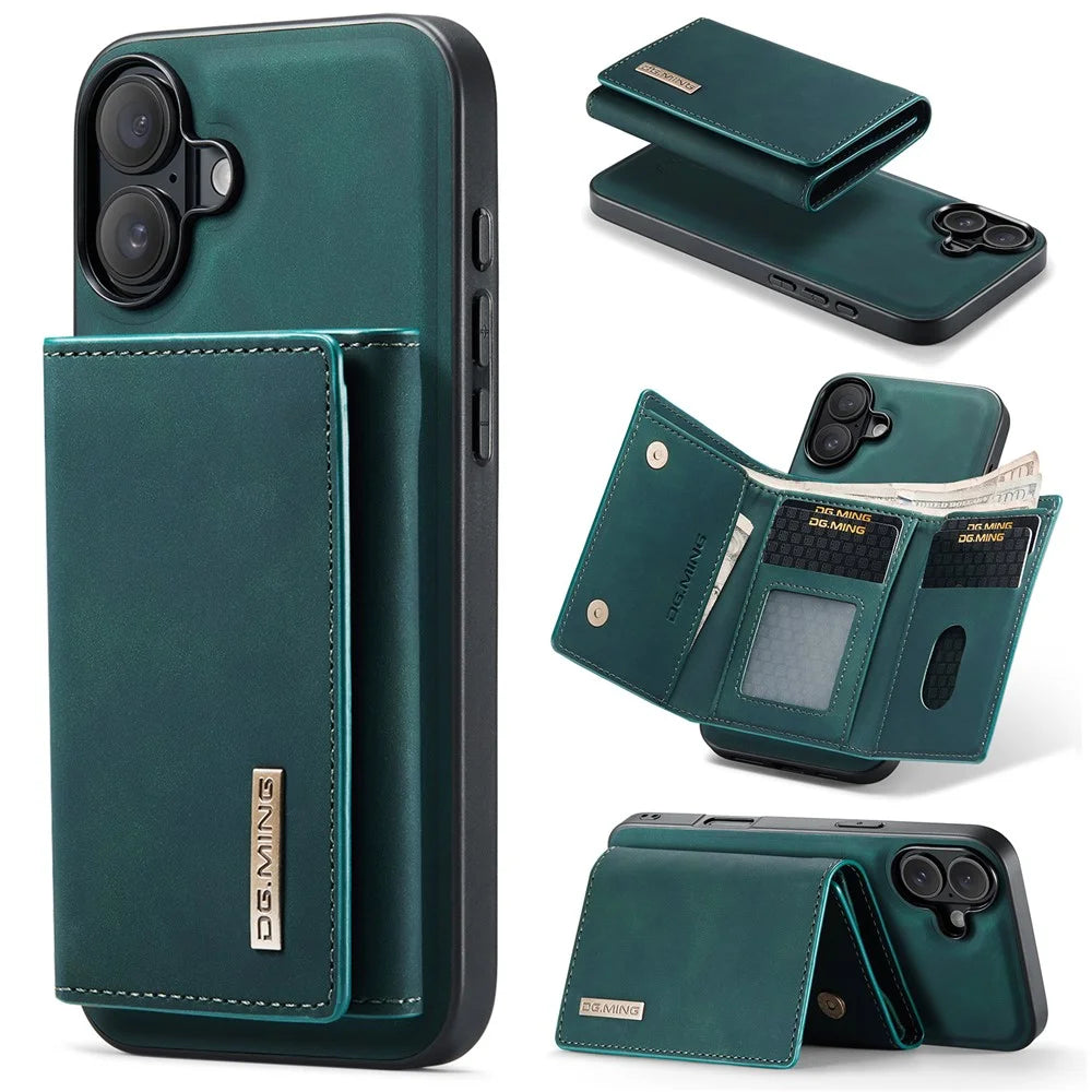 DG.MING M1 Series for iPhone 16 Plus Case Kickstand PU Phone Cover with Detachable Wallet - Green - 1
