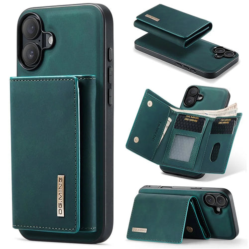 DG.MING M1 Series for iPhone 16 Plus Case Kickstand PU Phone Cover with Detachable Wallet - Green - 1