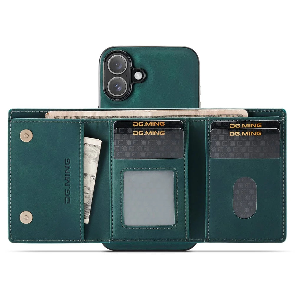 DG.MING M1 Series for iPhone 16 Plus Case Kickstand PU Phone Cover with Detachable Wallet - Green - 3