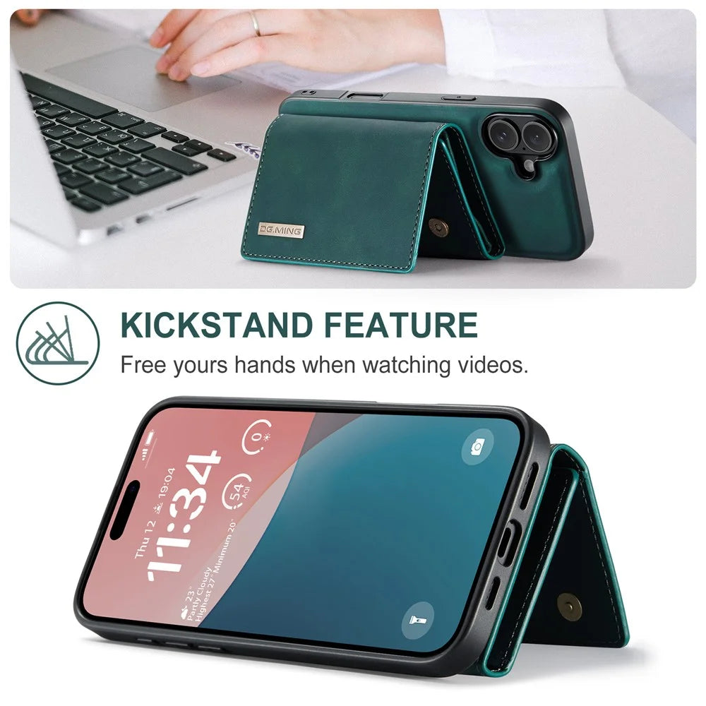 DG.MING M1 Series for iPhone 16 Plus Case Kickstand PU Phone Cover with Detachable Wallet - Green - 4