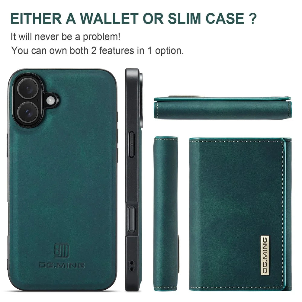 DG.MING M1 Series for iPhone 16 Plus Case Kickstand PU Phone Cover with Detachable Wallet - Green - 5