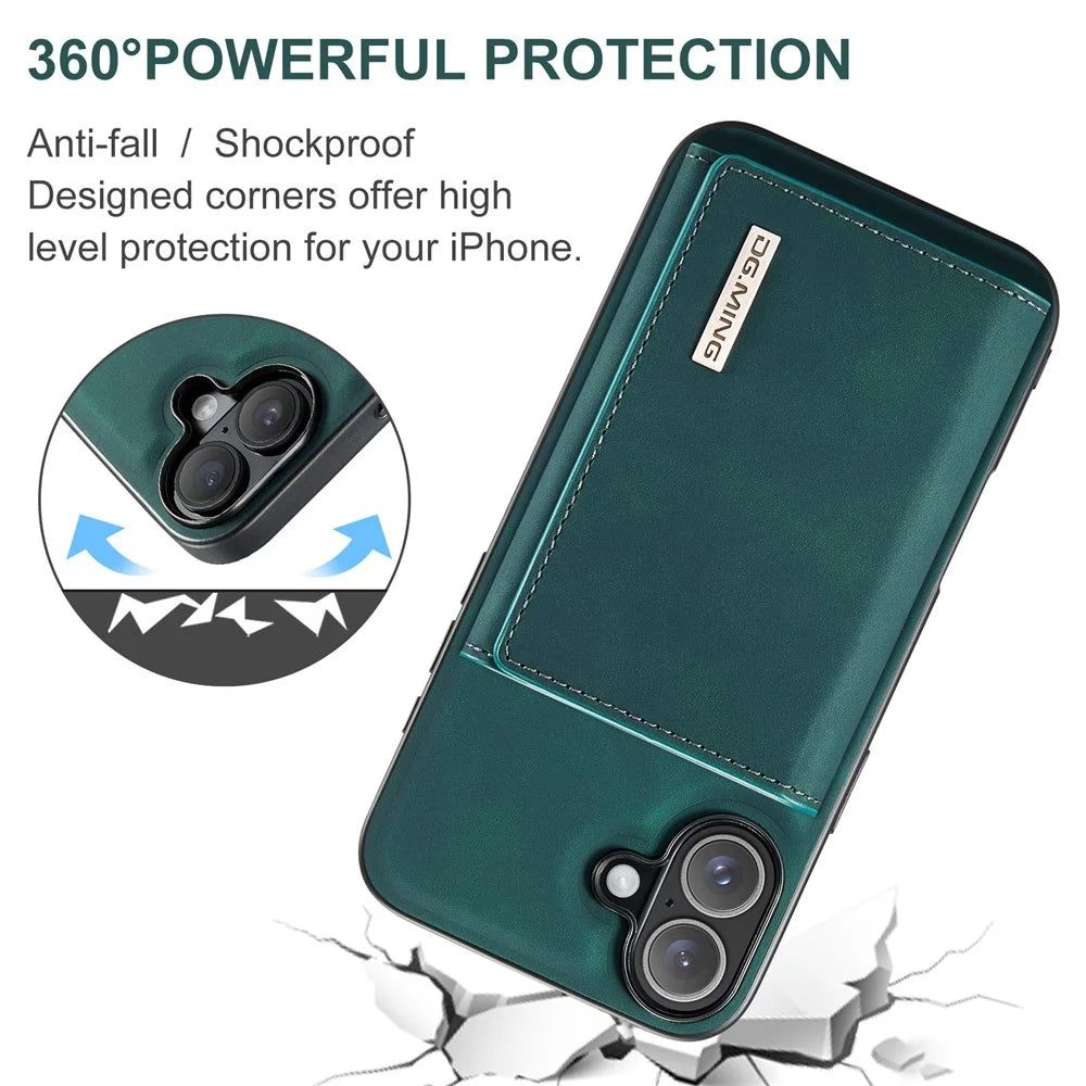 DG.MING M1 Series for iPhone 16 Plus Case Kickstand PU Phone Cover with Detachable Wallet - Green - 6