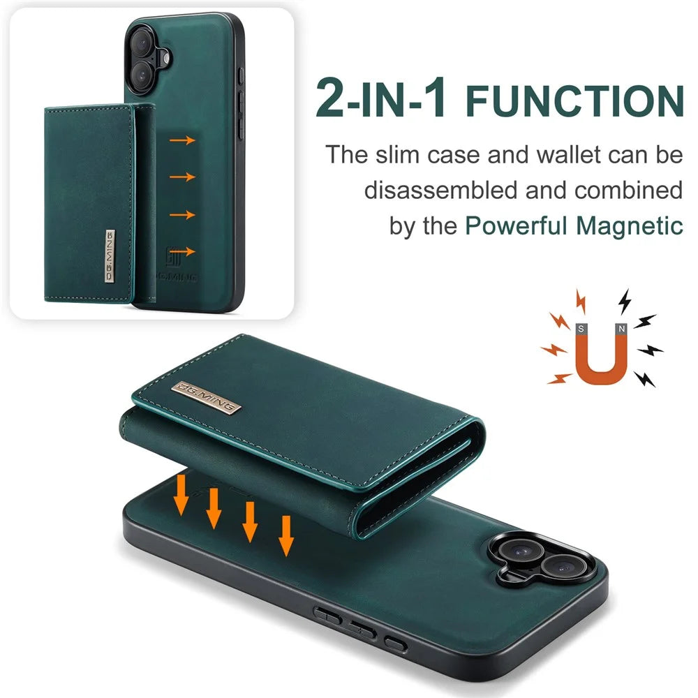 DG.MING M1 Series for iPhone 16 Plus Case Kickstand PU Phone Cover with Detachable Wallet - Green - 7