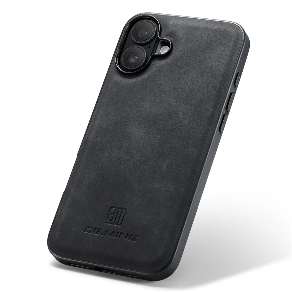 DG.MING For iPhone 16 Case PU Leather+PC+TPU Hybrid Phone Cover - Black - 5