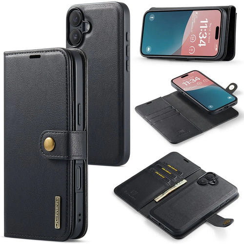 DG.MING for iPhone 16 Plus Case Detachable Split Leather Phone Cover - Black - 1