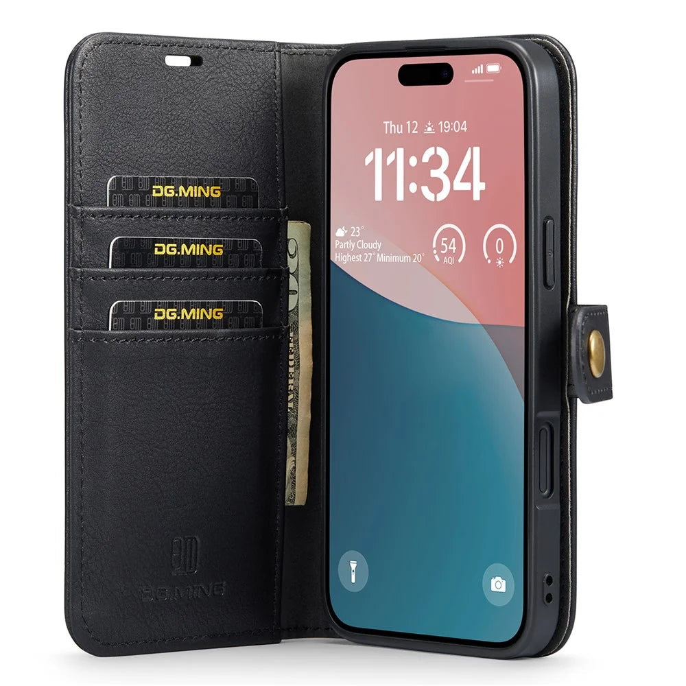 DG.MING for iPhone 16 Plus Case Detachable Split Leather Phone Cover - Black - 2