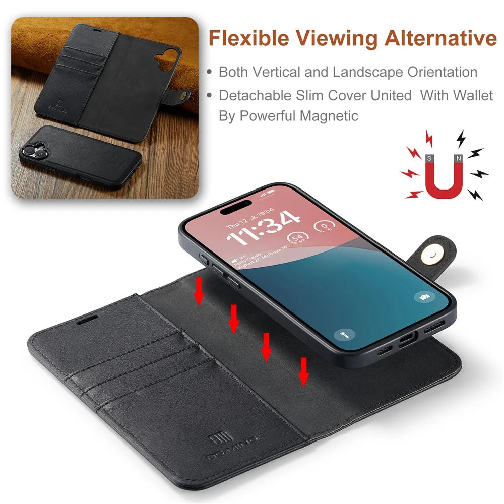 DG.MING for iPhone 16 Plus Case Detachable Split Leather Phone Cover - Black - 6