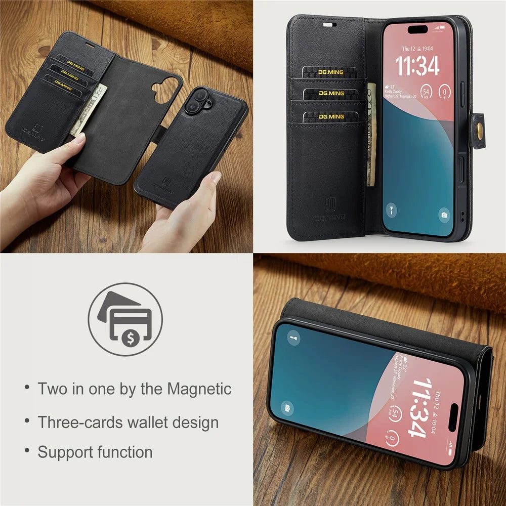 DG.MING for iPhone 16 Plus Case Detachable Split Leather Phone Cover - Black - 7