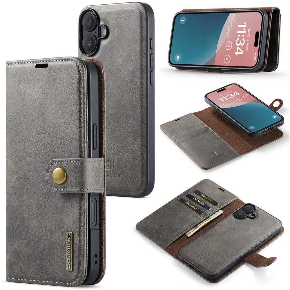 DG.MING for iPhone 16 Case Detachable Split Leather Phone Cover - Grey - 1