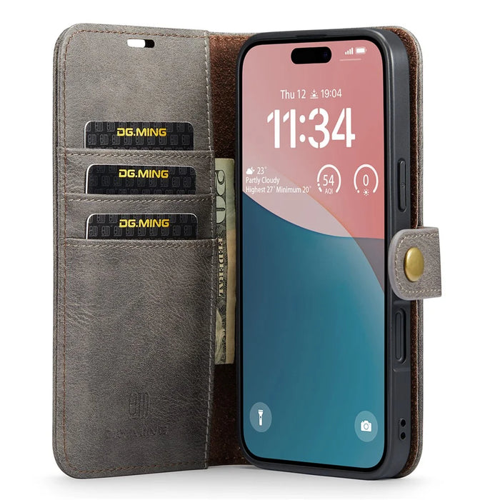 DG.MING for iPhone 16 Case Detachable Split Leather Phone Cover - Grey - 2