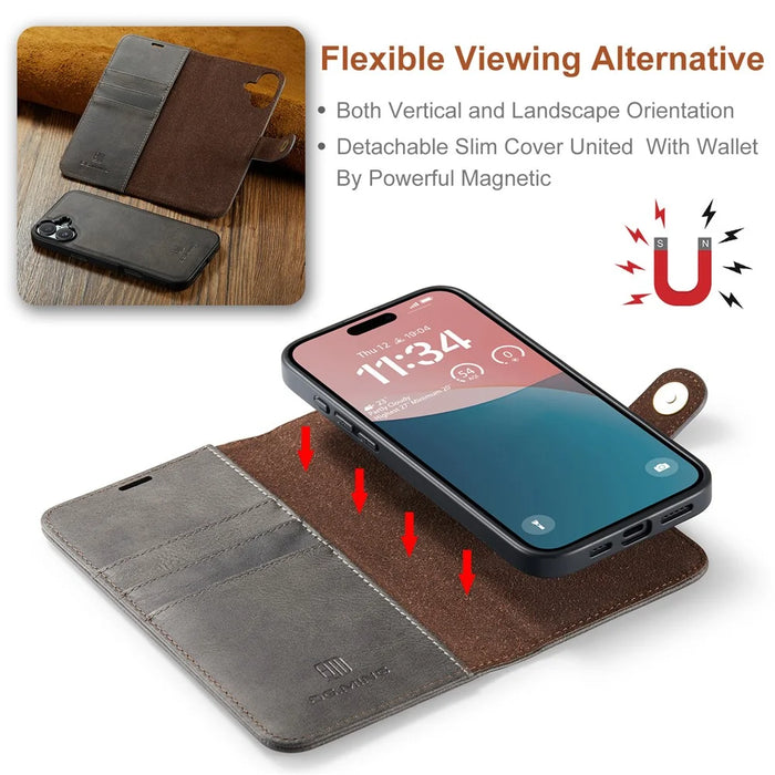 DG.MING for iPhone 16 Case Detachable Split Leather Phone Cover - Grey - 5