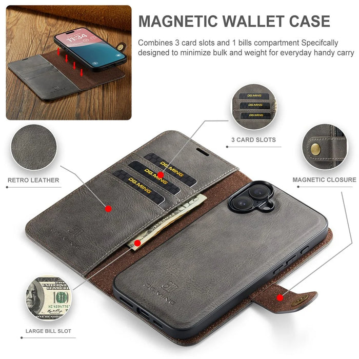 DG.MING for iPhone 16 Case Detachable Split Leather Phone Cover - Grey - 6