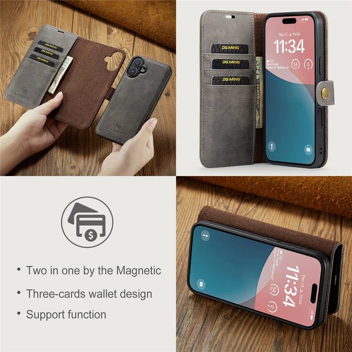 DG.MING for iPhone 16 Case Detachable Split Leather Phone Cover - Grey - 7