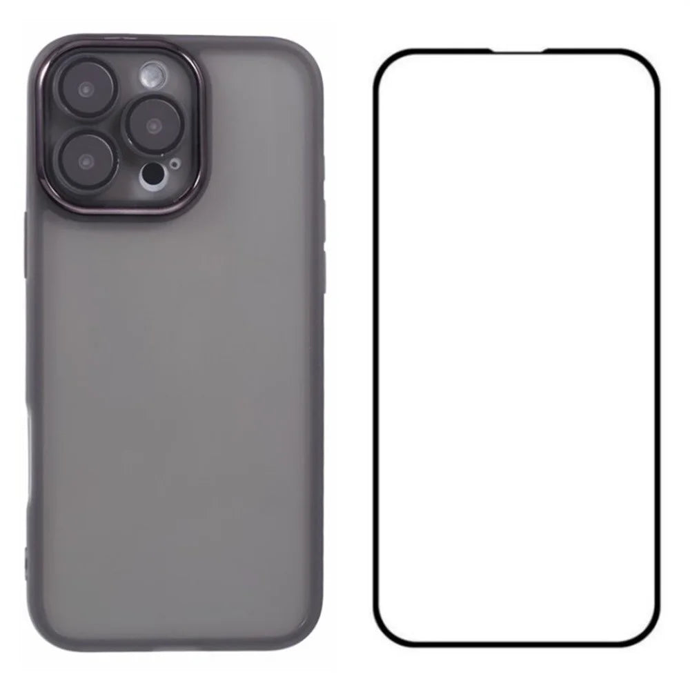 WANLONFENG DKSM Series for iPhone 16 Pro Max TPU Case Electroplated Frame Phone Cover with Tempered Glass - Transparent Black - 1
