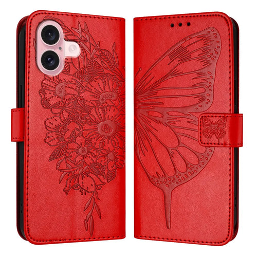 For iPhone 16 Wallet Case with Wrist Strap Butterfly Imprint Leather Phone Cover - Red - 1