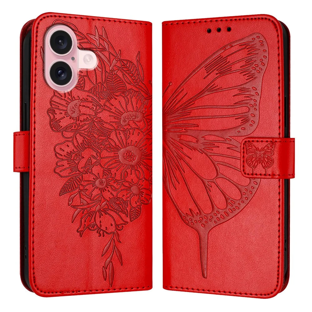 For iPhone 16 Wallet Case with Wrist Strap Butterfly Imprint Leather Phone Cover - Red - 1