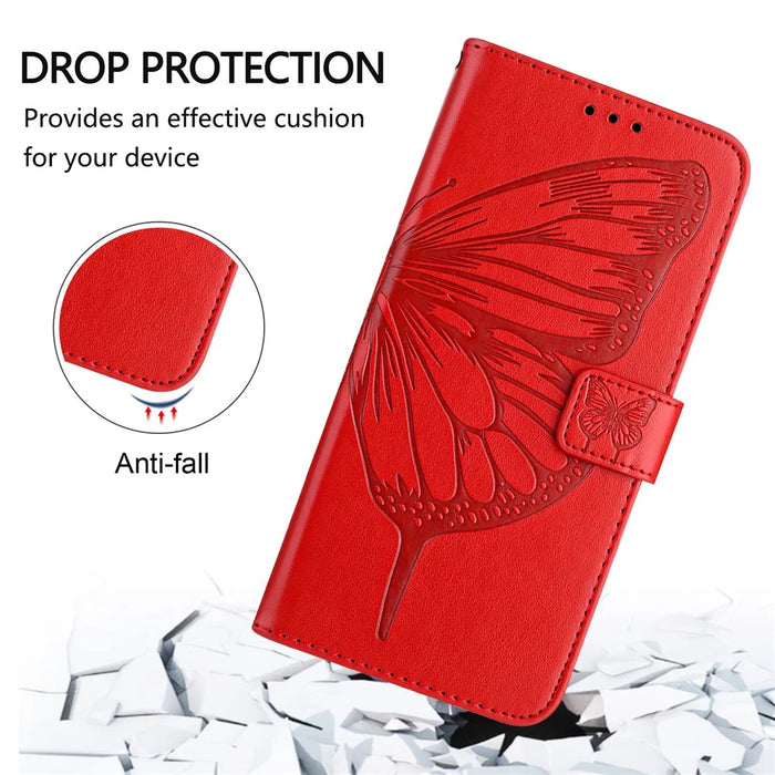 For iPhone 16 Wallet Case with Wrist Strap Butterfly Imprint Leather Phone Cover - Red - 2