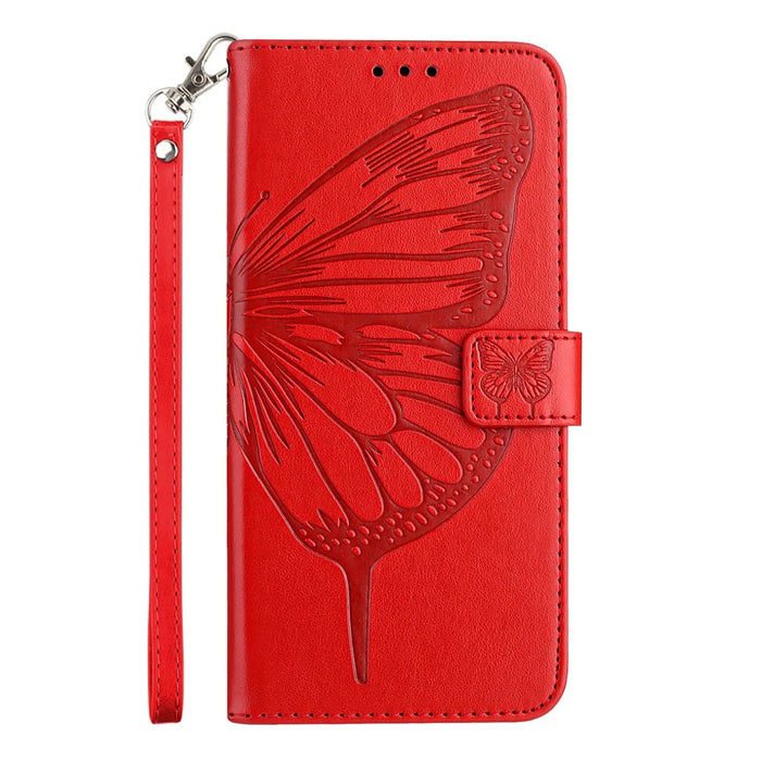 For iPhone 16 Wallet Case with Wrist Strap Butterfly Imprint Leather Phone Cover - Red - 7