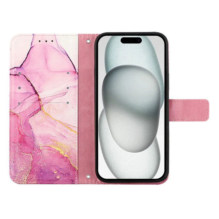 For iPhone 16 Plus Case with Strap Marble Pattern Leather Phone Cover Card Holder  - Pink / Purple / Gold LS001 - 2