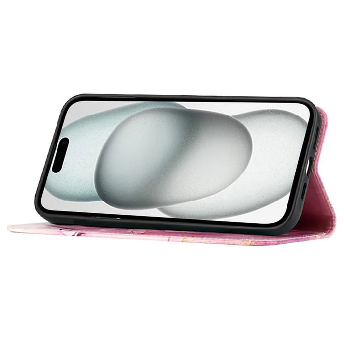 For iPhone 16 Plus Case with Strap Marble Pattern Leather Phone Cover Card Holder  - Pink / Purple / Gold LS001 - 3