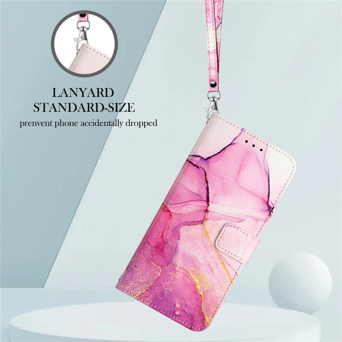 For iPhone 16 Plus Case with Strap Marble Pattern Leather Phone Cover Card Holder  - Pink / Purple / Gold LS001 - 5