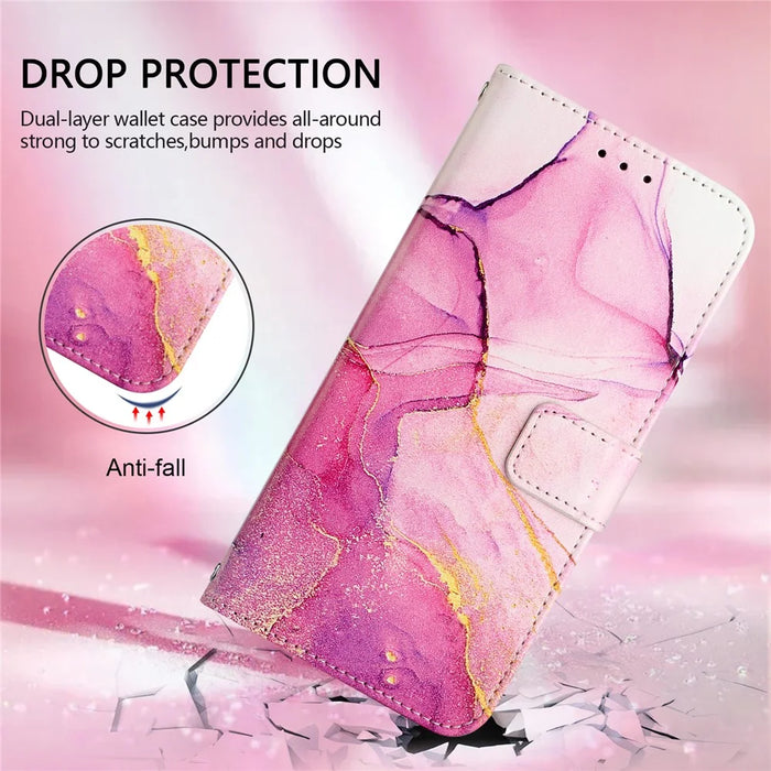 For iPhone 16 Plus Case with Strap Marble Pattern Leather Phone Cover Card Holder  - Pink / Purple / Gold LS001 - 7