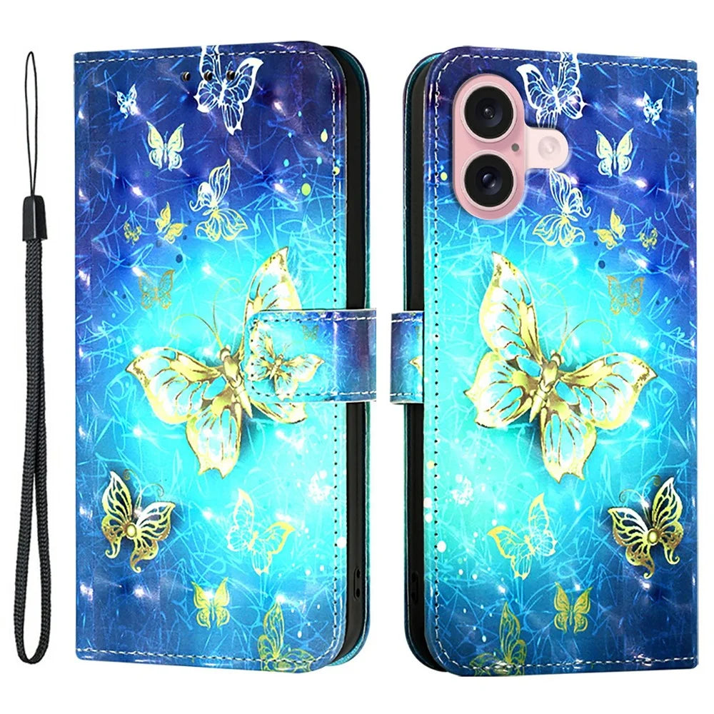 For iPhone 16 Leather Case Pattern Printing Wallet Stand Mobile Cover with Strap - Golden Butterflies - 1