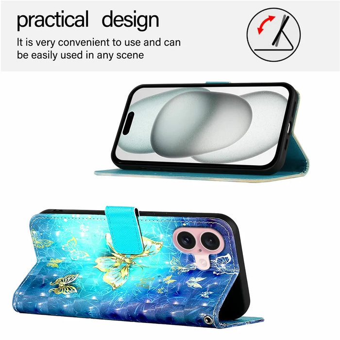 For iPhone 16 Leather Case Pattern Printing Wallet Stand Mobile Cover with Strap - Golden Butterflies - 2