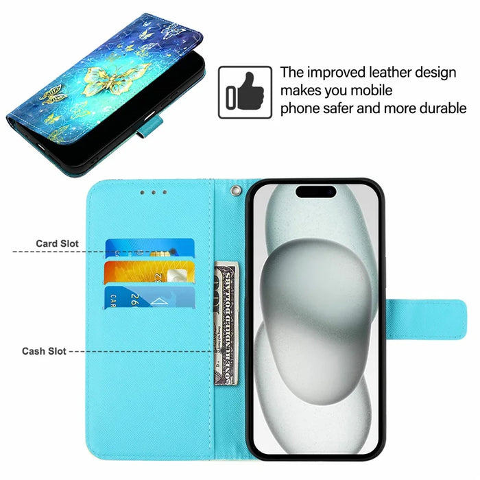 For iPhone 16 Leather Case Pattern Printing Wallet Stand Mobile Cover with Strap - Golden Butterflies - 3