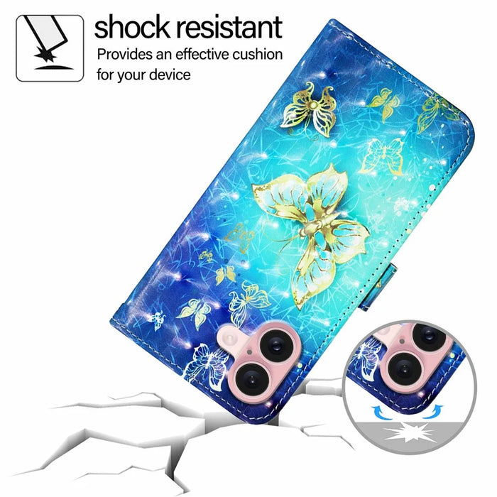 For iPhone 16 Leather Case Pattern Printing Wallet Stand Mobile Cover with Strap - Golden Butterflies - 5