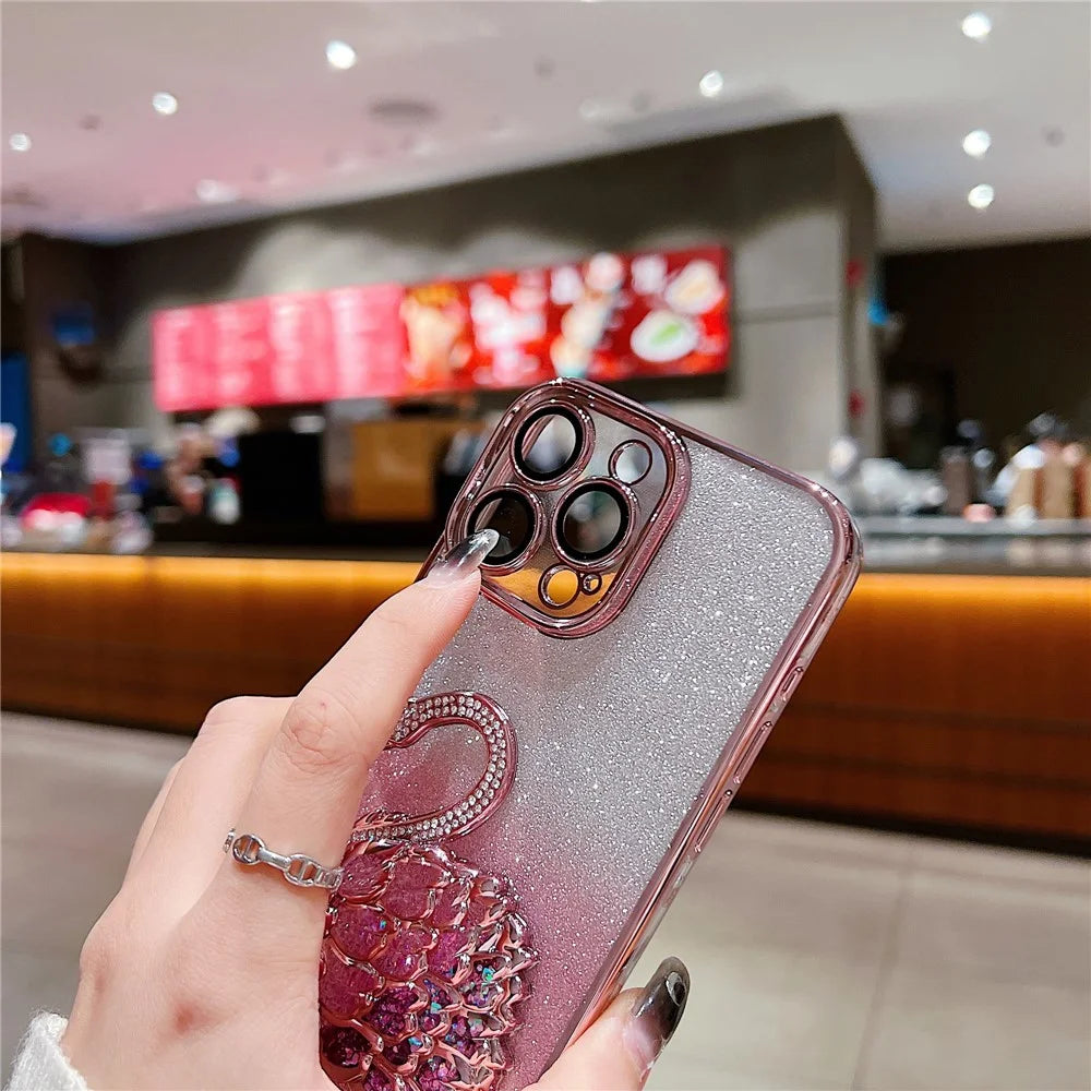 For  iPhone 16 Pro Max Case Swan Design Quicksand TPU Phone Cover with Glass Lens Film - Blue - 5